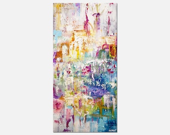 May include: Abstract painting with a colorful, textured style. The painting features a mix of bright colors, including yellow, blue, pink, and green. The paint is applied in thick layers, creating a three-dimensional effect.