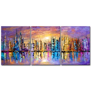 colorful original cityscape painting, large contemporary abstract city art by Osnat