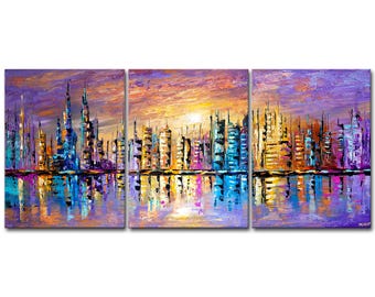 colorful original cityscape painting, large contemporary abstract city art by Osnat