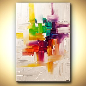 May include: Abstract painting with bold strokes of yellow, green, red, purple, and orange on a white background.