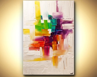 May include: Abstract painting with bold strokes of yellow, green, red, purple, and orange on a white background.