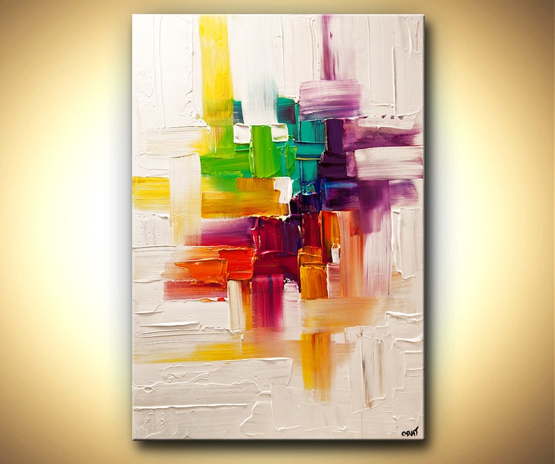 May include: Abstract painting with bold strokes of yellow, green, red, purple, and orange on a white background.