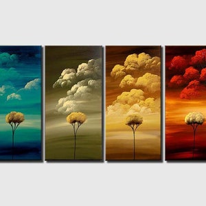 May include: A set of four abstract paintings depicting a stylized tree with yellow leaves against a background of clouds in different colors. The paintings are in shades of blue, green, yellow, and red.