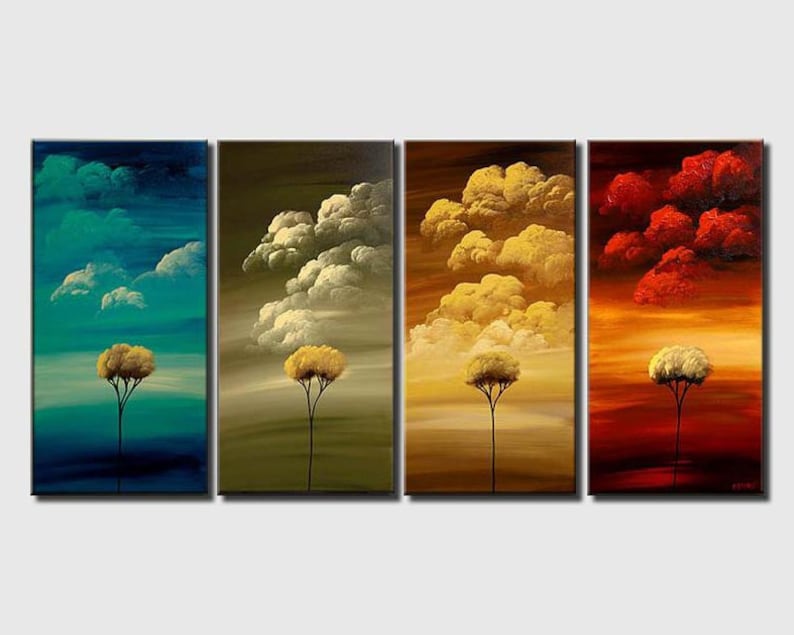 May include: A set of four abstract paintings depicting a stylized tree with yellow leaves against a background of clouds in different colors. The paintings are in shades of blue, green, yellow, and red.