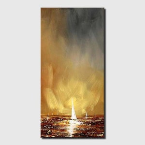 May include: An abstract painting of a seascape with sailboats. The artwork features a warm color palette of gold, brown, and gray, with a bright light reflecting on the water. Several white sailboats are visible on the horizon.