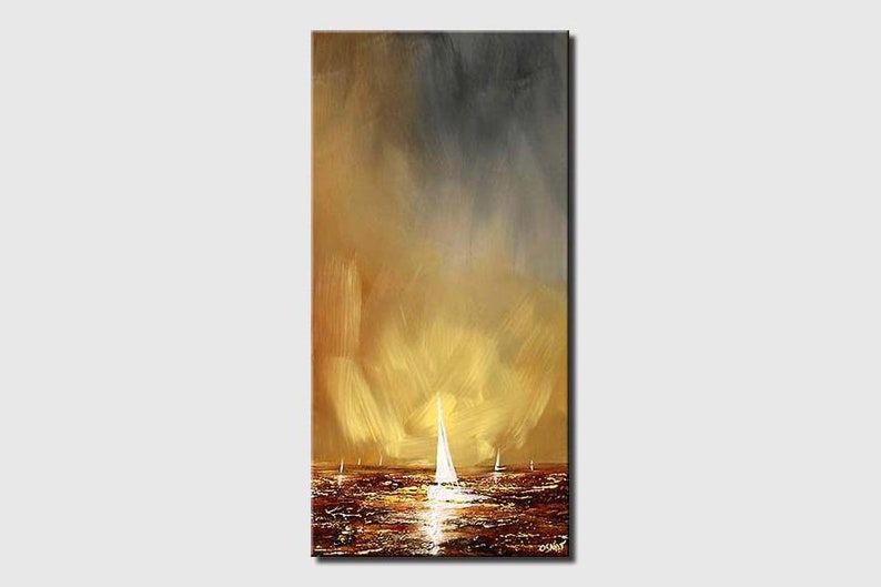 May include: An abstract painting of a seascape with sailboats. The artwork features a warm color palette of gold, brown, and gray, with a bright light reflecting on the water. Several white sailboats are visible on the horizon.