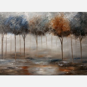 May include: Abstract painting of a misty forest with trees in shades of blue, brown, and orange. The trees are silhouetted against a light gray background, creating a sense of depth and mystery.