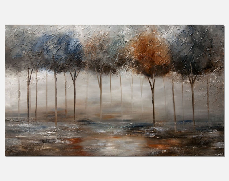 May include: Abstract painting of a misty forest with trees in shades of blue, brown, and orange. The trees are silhouetted against a light gray background, creating a sense of depth and mystery.