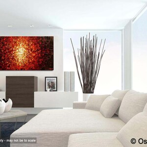 May include: Abstract painting with a red, orange, and yellow color scheme. The painting is displayed on a white wall in a modern living room setting.
