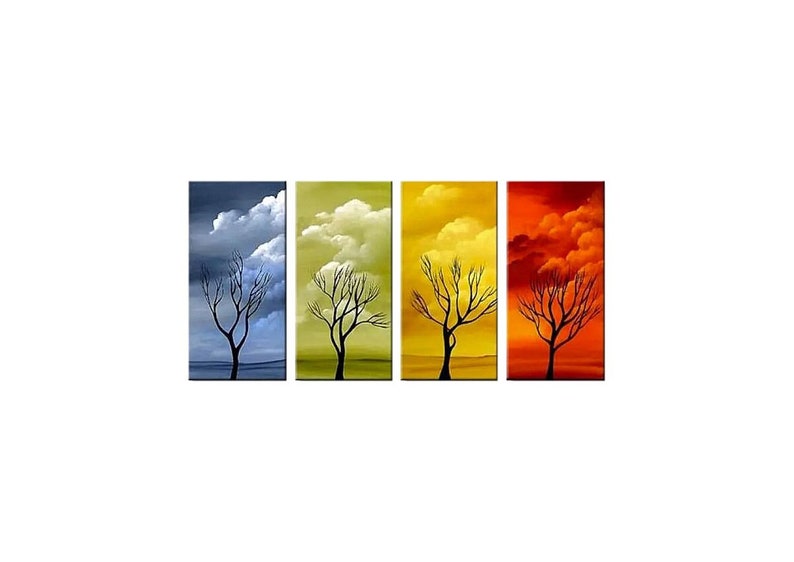 May include: Four abstract paintings depicting a bare tree with a cloudy sky in the background. The paintings are in shades of blue, green, yellow, and orange.
