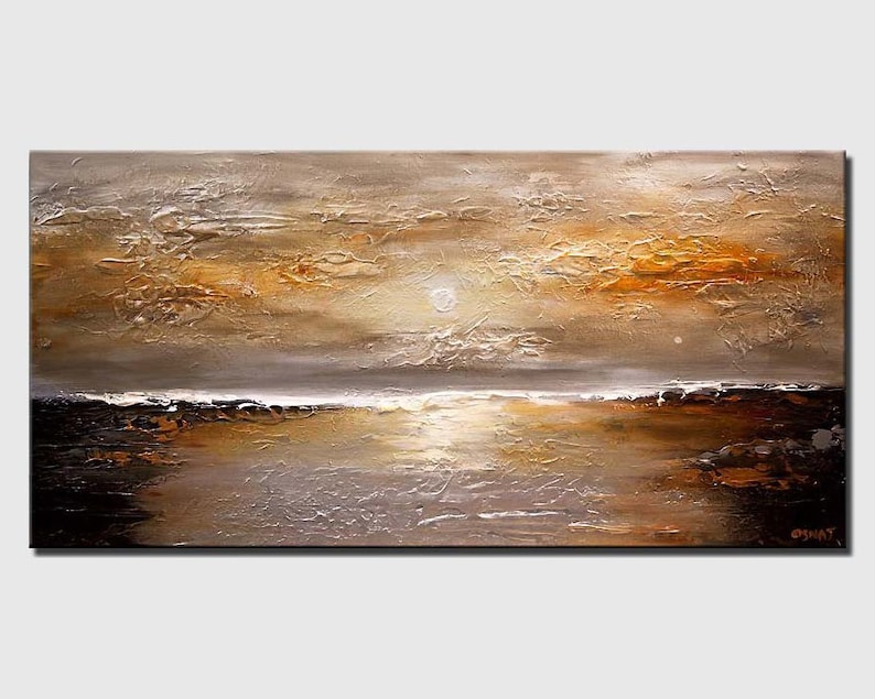 May include: Abstract painting of a sunset over a body of water. The sky is a mix of brown, orange, and white, with a hint of gold. The water is a dark blue, with a reflection of the sunset. The painting has a textured surface, giving it a three-dimensional look.