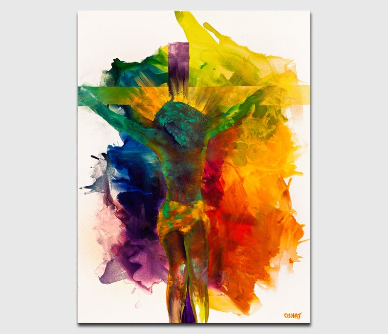 May include: Abstract painting of a figure on a cross with vibrant colors, including yellow, orange, red, green, blue, and purple. The background is white.
