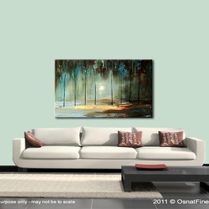 May include: Abstract painting of a forest scene with trees in shades of blue and green, a bright white sun shining through the trees, and a golden yellow ground.