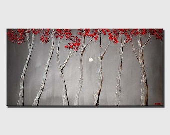 Textured Silver Trees Painting: Modern Red Abstract Wall Art