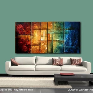 May include: Abstract painting with a geometric design in shades of red, orange, yellow, green, and blue. The painting is divided into squares and rectangles, creating a sense of depth and movement. The painting is displayed on a wall above a white sofa with pillows.