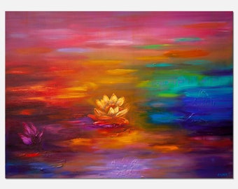 Handmade Lotus Flower Painting: Colorful Textured Floral Art