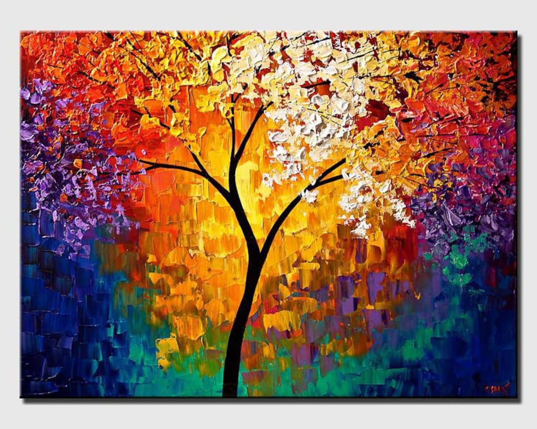Gold Tree of Life Canvas Wall Art for Bedroom-Large 3D Framed Wall Decor  -Hand-Paintined Tree Oil Painting for Living Room Ofiice 24x48 inches
