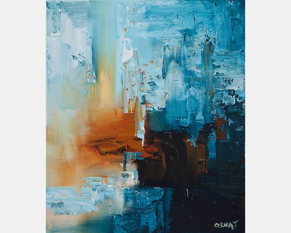 Light Blue Abstract Art Minimalist Painting on Canvas Modern