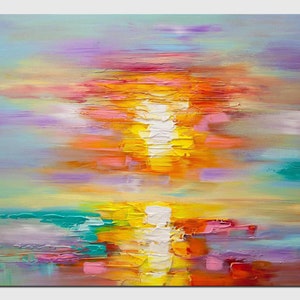 May include: Abstract painting of a sunset with vibrant colors, including pink, orange, yellow, and blue. The painting has a textured, brushstroke effect.