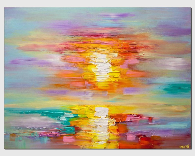 May include: Abstract painting of a sunset with vibrant colors, including pink, orange, yellow, and blue. The painting has a textured, brushstroke effect.