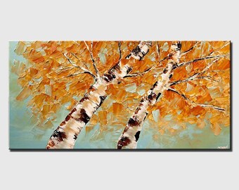 Birch Tree Painting: Textured Neutral Colors, Original Canvas Art