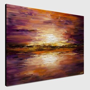 May include: Abstract painting of a sunset over a body of water. The sky is a mix of purple, orange, and yellow, with a white sun reflecting on the water. The water is a deep purple with hints of orange and yellow.
