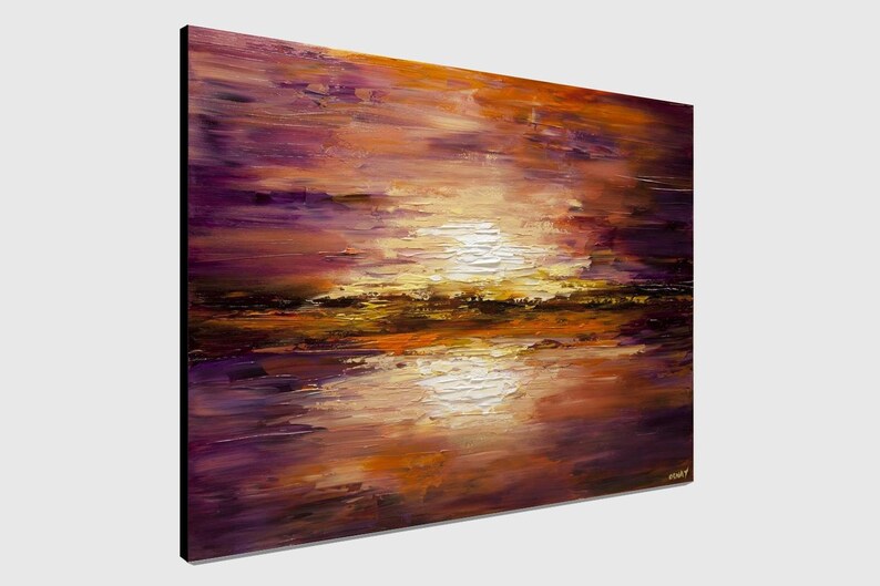 May include: Abstract painting of a sunset over a body of water. The sky is a mix of purple, orange, and yellow, with a white sun reflecting on the water. The water is a deep purple with hints of orange and yellow.
