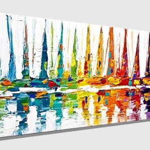 May include: Abstract painting of colorful sailboats reflected in the water. The boats are painted in shades of blue, green, yellow, orange, red, and purple. The water is painted in shades of blue and green.