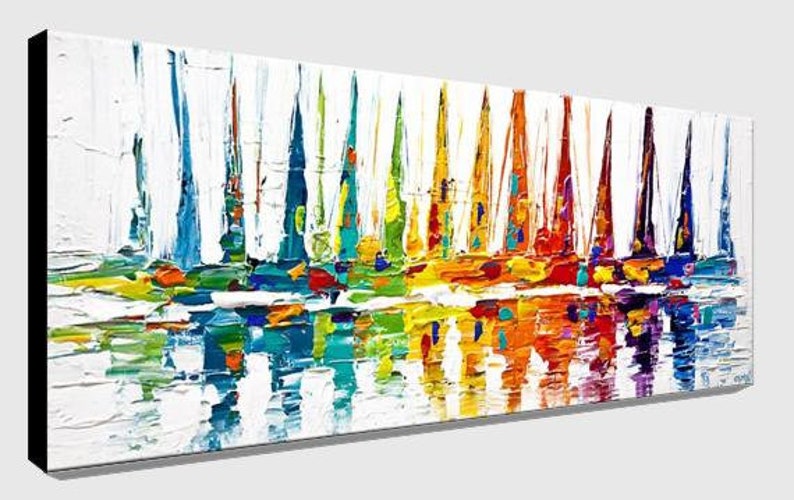 May include: Abstract painting of colorful sailboats reflected in the water. The boats are painted in shades of blue, green, yellow, orange, red, and purple. The water is painted in shades of blue and green.