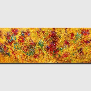 May include: Abstract painting with a textured surface. The painting features a variety of colors, including yellow, red, orange, green, and blue. The colors are blended together to create a swirling, dynamic effect.
