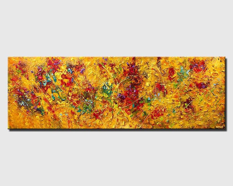 May include: Abstract painting with a textured surface. The painting features a variety of colors, including yellow, red, orange, green, and blue. The colors are blended together to create a swirling, dynamic effect.