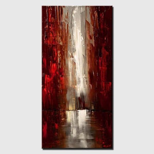 May include: Abstract painting with vertical brushstrokes in shades of red, brown, and white. The painting has a textured surface and a contemporary style.