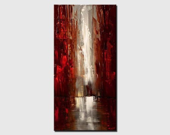 May include: Abstract painting with vertical brushstrokes in shades of red, brown, and white. The painting has a textured surface and a contemporary style.