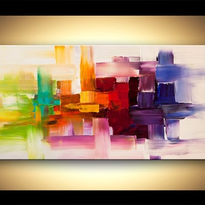 May include: Abstract painting with bold strokes of color, including green, yellow, orange, red, purple, and blue. The colors are layered and blended, creating a dynamic and energetic composition.