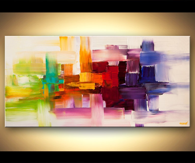 May include: Abstract painting with bold strokes of color, including green, yellow, orange, red, purple, and blue. The colors are layered and blended, creating a dynamic and energetic composition.