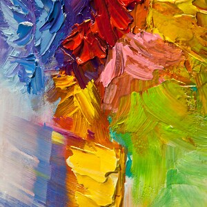 May include: Abstract painting with thick brushstrokes in shades of blue, purple, red, yellow, green, and white. The colors are vibrant and create a sense of movement and energy.
