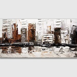 May include: Abstract painting of a city scene with brown and white buildings and a reflection of the buildings in the water below. The painting is done in a textured style with thick brushstrokes.