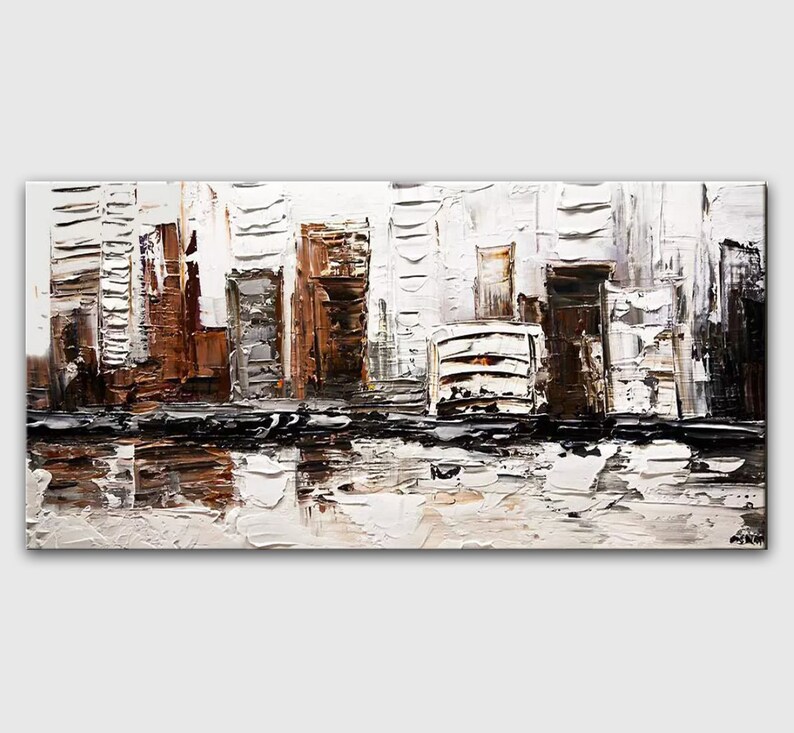 May include: Abstract painting of a city scene with brown and white buildings and a reflection of the buildings in the water below. The painting is done in a textured style with thick brushstrokes.