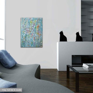 May include: Abstract painting with a textured, layered style. The painting features a blue background with splashes of yellow, white, and pink paint.