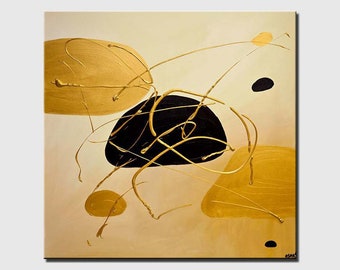 Gold Abstract Painting: Textured Black and Gold Wall Art