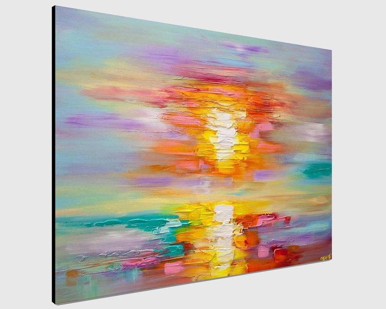 May include: Abstract painting of a sunset over a body of water. The sky is a mix of purple, pink, and orange, with streaks of yellow and white. The water is a turquoise blue, with hints of pink and orange reflecting the sunset.