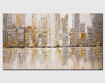 original abstract city art on canvas, gold silver wall art minimal abstract art, textured earth tone wall art CUSTOM ART