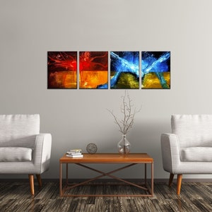 May include: Four abstract paintings in a living room setting. The paintings are in a modern style and feature splashes of red, orange, blue, and yellow paint. The paintings are hung on a white wall above a wooden coffee table. Two white armchairs are placed on either side of the coffee table.