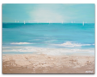ocean seascape sailboats painting, original modern abstract wall art by Osnat