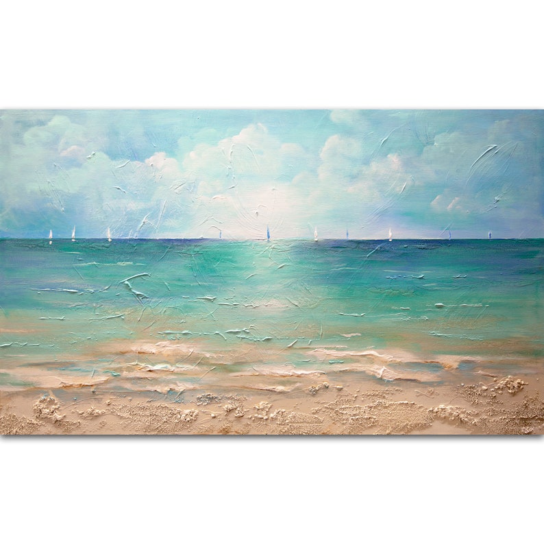 May include: A painting of a seascape with a light blue sky, white clouds, and a turquoise ocean.  The ocean has a sandy beach in the foreground and sailboats in the distance.