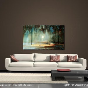 May include: Abstract painting of a forest scene with trees and a bright light in the background. The painting is on a white canvas and is framed in a black frame. The painting is hanging on a wall in a room with a white couch and a coffee table.