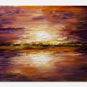 May include: Abstract painting of a sunset over a body of water. The sky is a mix of purple, orange, and yellow, with a white sun in the center. The water is a dark blue with hints of purple and orange.