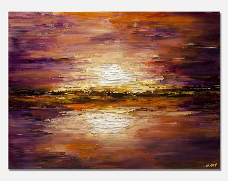 May include: Abstract painting of a sunset over a body of water. The sky is a mix of purple, orange, and yellow, with a white sun in the center. The water is a dark blue with hints of purple and orange.