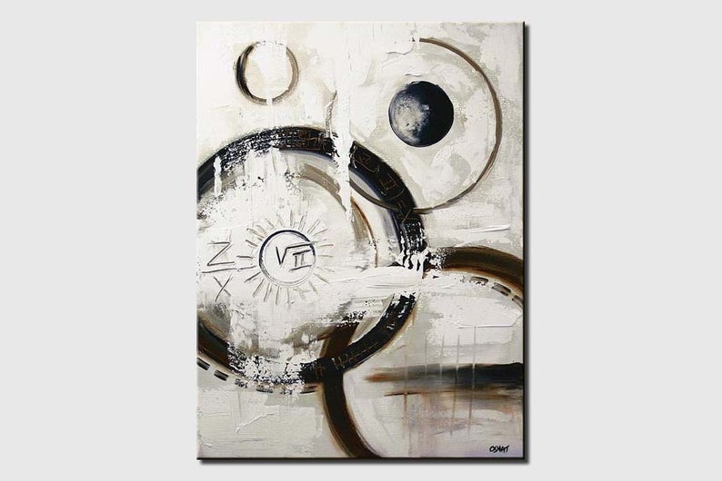 May include: Abstract painting with a white background and black and brown circles. The painting features a sun with the Roman numeral VII in the center. The painting is signed "COLET"