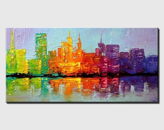 original city art on canvas textured colorful abstract city painting, 3d art modern living room wall art CUSTOM ART